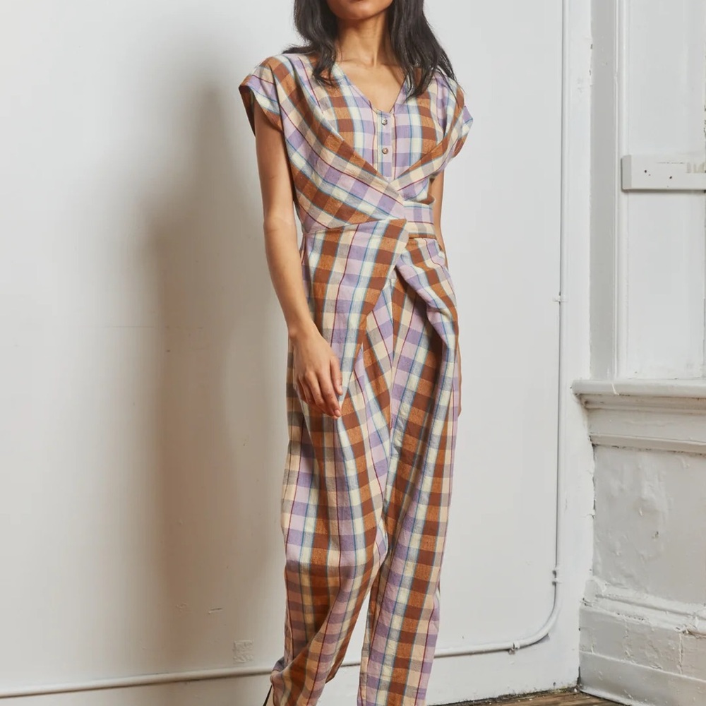 Plaid V-Neck Jumpsuit in Brown & Lavender - Picture 3 of 8